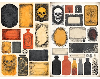 halloween potion labels printable witchy apothecary tags vintage ephemera collage sheet for junk journaling scrapbooking crafts