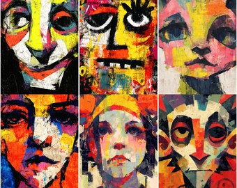 Può includere: Una collezione di sei ritratti astratti con pennellate audaci e colori vivaci. Ogni opera presenta un volto con espressioni e palette di colori uniche, tra cui giallo, rosso, blu e nero. L'opera d'arte evoca uno stile moderno ed espressivo.