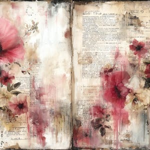 Puede incluir: Obra de arte de t&eacute;cnica mixta con una amapola roja grande y flores rojas y crema m&aacute;s peque&ntilde;as. El fondo incluye papel vintage con texto descolorido y lavados de color tipo acuarela, creando un efecto art&iacute;stico en capas.