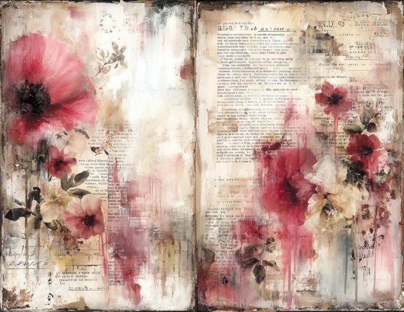 Puede incluir: Obra de arte de t&eacute;cnica mixta con una amapola roja grande y flores rojas y crema m&aacute;s peque&ntilde;as. El fondo incluye papel vintage con texto descolorido y lavados de color tipo acuarela, creando un efecto art&iacute;stico en capas.