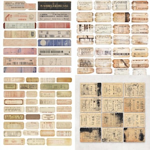 Peut inclure: Une collection de billets et d'éphémères vintage de différentes formes et tailles. Les billets présentent des couleurs fanées, notamment beige, marron et bleu, avec du texte et des motifs imprimés. Certains ont un thème musical, avec des touches de piano.