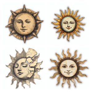 May include: Four decorative sun wall plaques featuring human faces. The top left is gold with straight rays, the top right is gold with wavy rays, the bottom left is cream with a cracked texture, and the bottom right is gold with wavy rays.