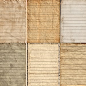 May include: A collage of six aged, lined paper sheets. The paper has a vintage, weathered appearance with varying shades of brown and beige. The horizontal lines are visible, and the paper shows signs of wear, including creases and stains, giving it a rustic feel.