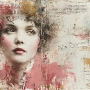 Puede incluir: Obra de arte de t&eacute;cnica mixta que presenta un retrato de mujer con una est&eacute;tica vintage. La obra combina un retrato pintado con elementos de collage de texto y pinceladas abstractas en tonos rosa, beige y marr&oacute;n. La mujer tiene mejillas y labios rosados.