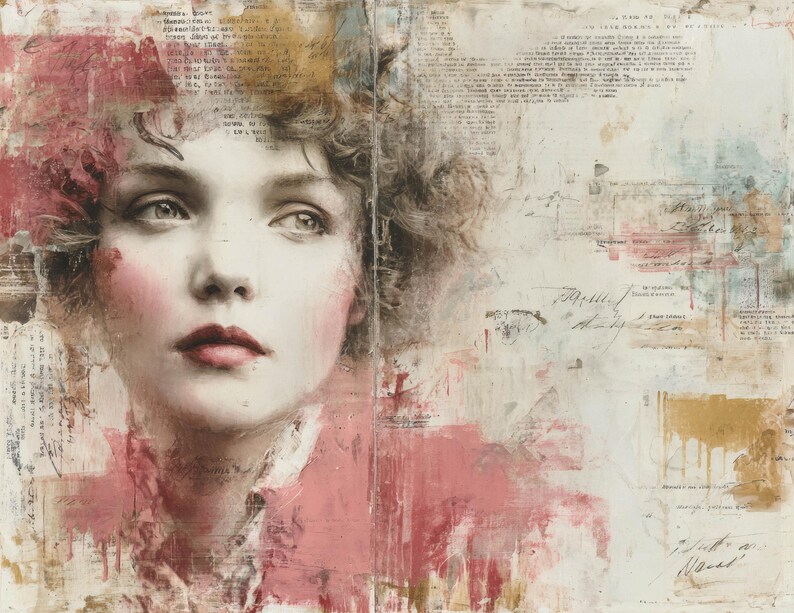 Puede incluir: Obra de arte de t&eacute;cnica mixta que presenta un retrato de mujer con una est&eacute;tica vintage. La obra combina un retrato pintado con elementos de collage de texto y pinceladas abstractas en tonos rosa, beige y marr&oacute;n. La mujer tiene mejillas y labios rosados.