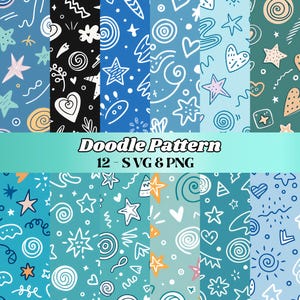 May include: A collection of twelve doodle patterns in SVG and PNG formats. The patterns feature whimsical designs including stars, hearts, swirls, and other abstract shapes in various shades of blue, black, and white. The text "Doodle Pattern" is displayed in a teal banner.