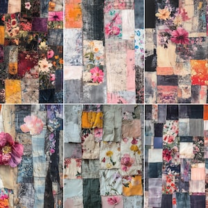 May include: A patchwork textile art piece featuring a collage of fabric squares in various colors and patterns. The design incorporates floral motifs, with blooms in shades of pink, orange, and yellow. The overall aesthetic is a blend of vintage and contemporary styles.