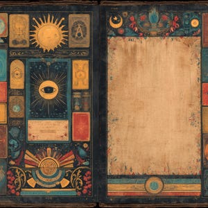 May include: Open book with aged pages and intricate illustrations. The left page features a sun, eye, and various symbols within a dark blue frame. The right page has a blank space with decorative borders, including a crescent moon and stars.