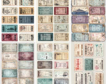 Vintage bus tickets, retro travel boarding passes, junk journal ephemera cutouts, scrapbook journaling supplies digital download