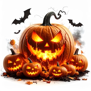 May include: A digitally created Halloween scene featuring several carved pumpkins with glowing orange interiors. A large, menacing pumpkin is the focal point, surrounded by smaller jack-o'-lanterns, bats, and wisps of smoke, all set against a white background.