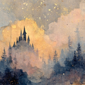 May include: Watercolor painting of a castle silhouette atop a misty forest. The artwork features a color palette of blues, golds, and browns, with a starry sky and a dreamy, ethereal quality. The castle has multiple spires.