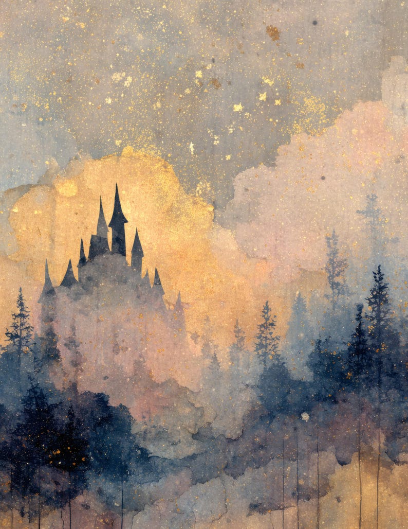 May include: Watercolor painting of a castle silhouette atop a misty forest. The artwork features a color palette of blues, golds, and browns, with a starry sky and a dreamy, ethereal quality. The castle has multiple spires.