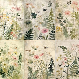 May include: Six panels of botanical art featuring watercolor illustrations of wildflowers, ferns, and butterflies in soft pink, yellow, and green hues. The background has a vintage, aged paper texture with subtle text.