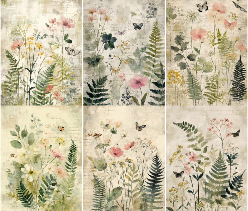 May include: Six panels of botanical art featuring watercolor illustrations of wildflowers, ferns, and butterflies in soft pink, yellow, and green hues. The background has a vintage, aged paper texture with subtle text.