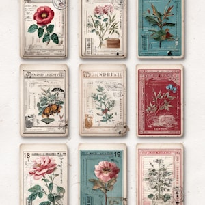 May include: Nine vintage botanical art cards. Each card features a different floral illustration, including roses, peonies, and other plants, with a distressed, aged appearance. The cards have a rectangular shape and are arranged in a 3x3 grid.