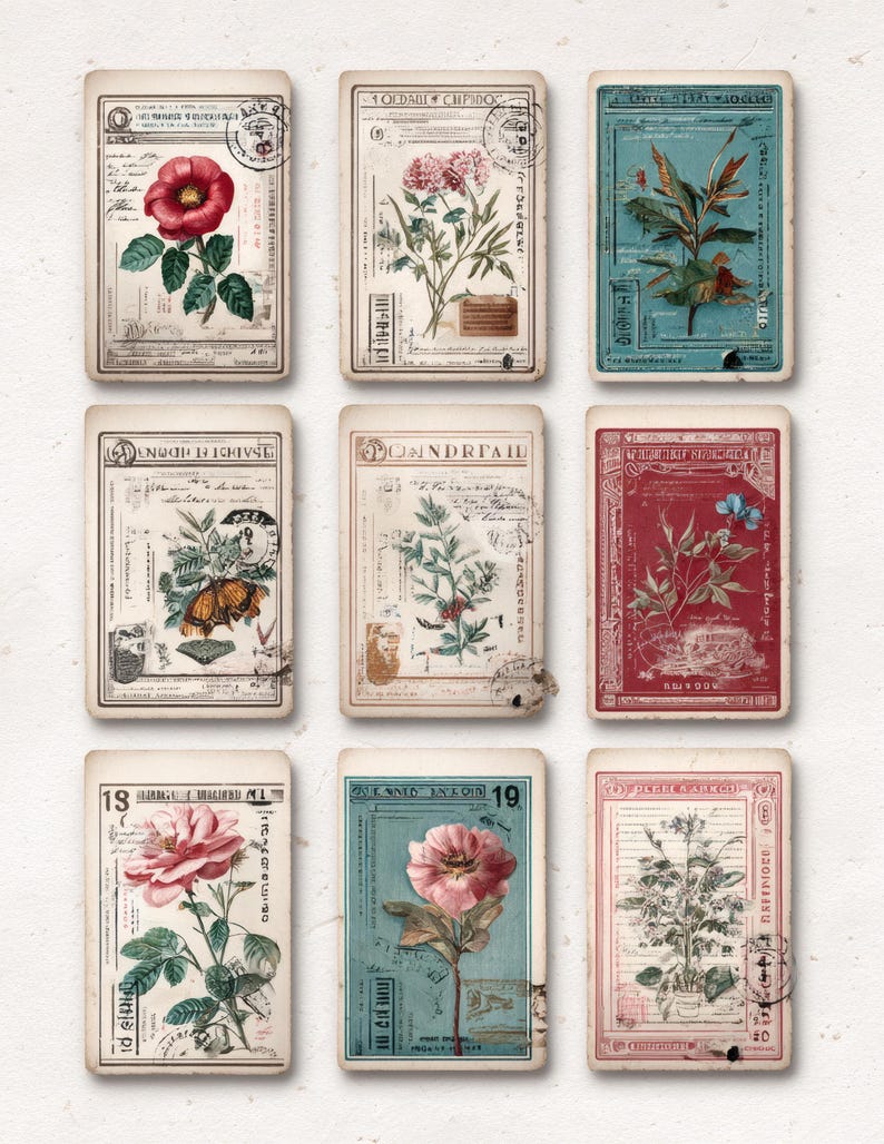May include: Nine vintage botanical art cards. Each card features a different floral illustration, including roses, peonies, and other plants, with a distressed, aged appearance. The cards have a rectangular shape and are arranged in a 3x3 grid.