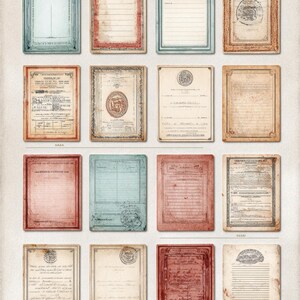 May include: A selection of vintage documents and certificates. The items feature aged paper textures, decorative borders, and faded colours including blue, red, and beige. Some have stamps and handwritten text, creating a sense of history and nostalgia.