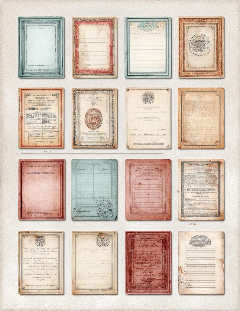 May include: A selection of vintage documents and certificates. The items feature aged paper textures, decorative borders, and faded colours including blue, red, and beige. Some have stamps and handwritten text, creating a sense of history and nostalgia.