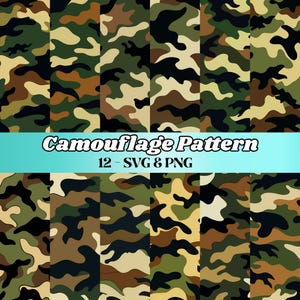 May include: A collection of camouflage patterns in shades of green, brown, black, and tan. The image features twelve different designs, with the text "Camouflage Pattern" and "12 - SVG & PNG" in a blue banner.