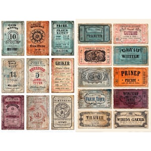 Biglietti d&#39;ingresso per circo vintage, foglio di materiale effimero stampabile con etichette per diario retrò, pagine di scrapbooking e ritagli di etichette vuote per lavoretti