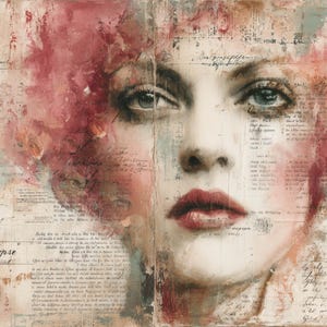 Puede incluir: Una obra de arte de t&eacute;cnica mixta que presenta el rostro de una mujer con labios rojos y ojos azules. La pintura incorpora capas de texto y pinceladas abstractas en tonos de rojo, rosa y beige, creando una est&eacute;tica vintage.