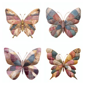 28 Patchwork Butterfly Fussy Cuts, Mixed Media Fabric Ephemera Pack, Cottagecore Nature Collage Elements Digital Download