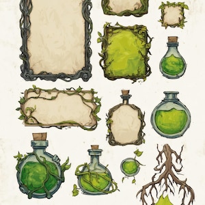 witchy potion labels and fantasy game ui elements with mystical frames apothecary tags magical symbols parchment textures for digital design image 9