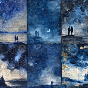 May include: A collection of six celestial-themed art prints. Each print features a deep blue and white color palette with illustrations of constellations, celestial bodies, and figures. The backgrounds incorporate vintage text and watercolor effects, creating a dreamy aesthetic.