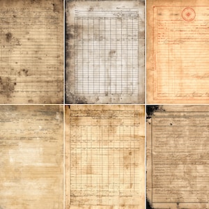 Puede incluir: Una colección de seis documentos de papel envejecido y texturizado. Los papeles muestran varios diseños, incluyendo páginas rayadas, patrones de cuadrícula y formularios con texto manuscrito. La paleta de colores es principalmente tonos sepia, con manchas oscuras y bordes envejecidos.