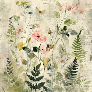 May include: An artistic painting of a garden scene with pink and yellow flowers, green foliage, and orange butterflies. The background has a textured, off-white appearance with faint script writing.