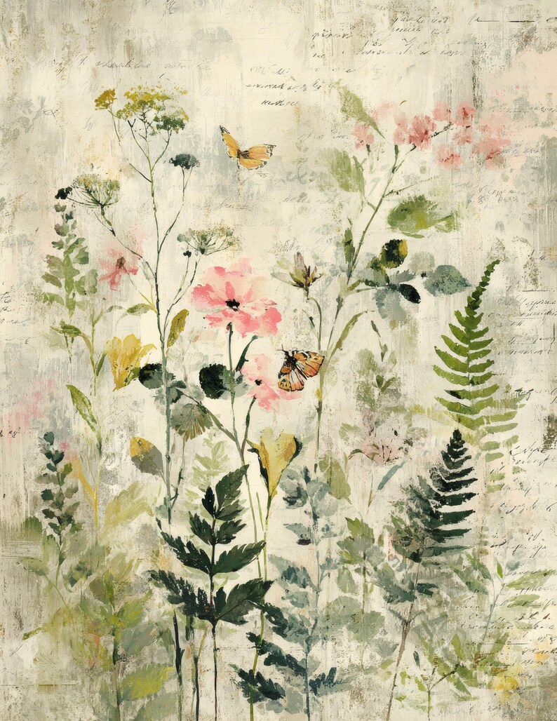 May include: An artistic painting of a garden scene with pink and yellow flowers, green foliage, and orange butterflies. The background has a textured, off-white appearance with faint script writing.