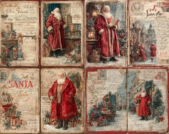 May include: A collage of vintage Christmas-themed postcards. Each card features illustrations of Santa Claus in various scenes, including reading a letter and walking in a snowy town. The cards have a distressed, aged appearance with handwritten script.