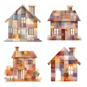 May include: Four distinct house illustrations featuring a patchwork quilt aesthetic. Each structure is composed of various plaid and checkered fabric patterns in shades of red, blue, yellow, and brown, showcasing windows, doors, and chimneys.