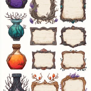 witchy potion labels and fantasy game ui elements with mystical frames apothecary tags magical symbols parchment textures for digital design image 10