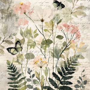 May include: Watercolor painting of a garden scene with butterflies and flowers. The artwork features pink and white flowers, green foliage, and two butterflies. The background has faded script, giving it a vintage feel.