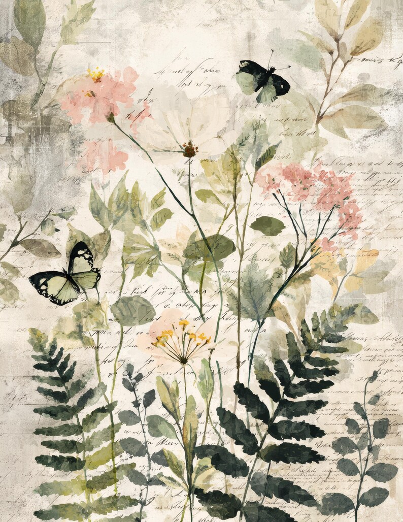 May include: Watercolor painting of a garden scene with butterflies and flowers. The artwork features pink and white flowers, green foliage, and two butterflies. The background has faded script, giving it a vintage feel.