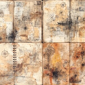 Peut inclure: Un journal de style vintage avec du papier vieilli, présentant des cartes nautiques, des roses des vents et des illustrations de navires. Les pages ont un aspect vieilli, de couleur sépia, avec des détails à l'encre et à l'aquarelle. Le journal est relié par une spirale.
