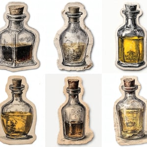 May include: A collection of six vintage-style illustrations of glass bottles with cork stoppers. Each bottle contains a different colored liquid, ranging from dark brown to yellow. The illustrations are set against a textured, off-white background.