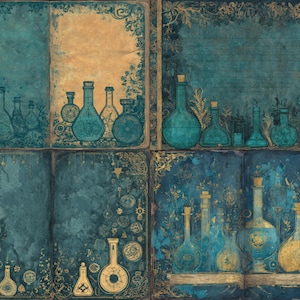 May include: An open book illustration with teal and gold accents, featuring various potion bottles. The bottles have cork stoppers and are arranged on shelves and pages. The background has a vintage, aged appearance.
