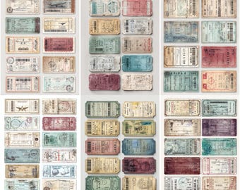 Retro bus tickets ephemera, junk journal travel labels and boarding passes sheet, vintage collage paper, scrapbook ephemera digital download