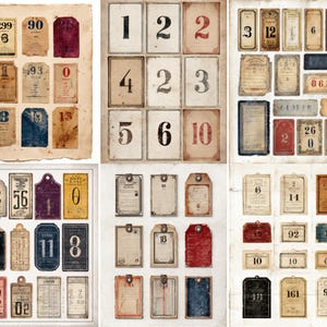 Printable vintage number labels ephemera, junk journal tags and typography cards sheet, antique collage paper, scrapbook ephemera