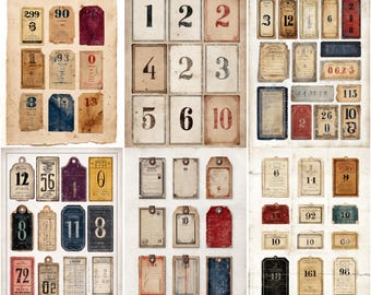 Printable vintage number labels ephemera, junk journal tags and typography cards sheet, antique collage paper, scrapbook ephemera