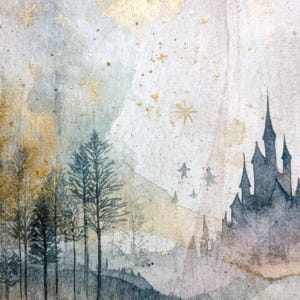 May include: Watercolor painting of a forest scene with a castle silhouette. The artwork features tall, slender trees in the foreground, a castle on the right, and gold accents throughout. The color palette includes blues, grays, and gold.