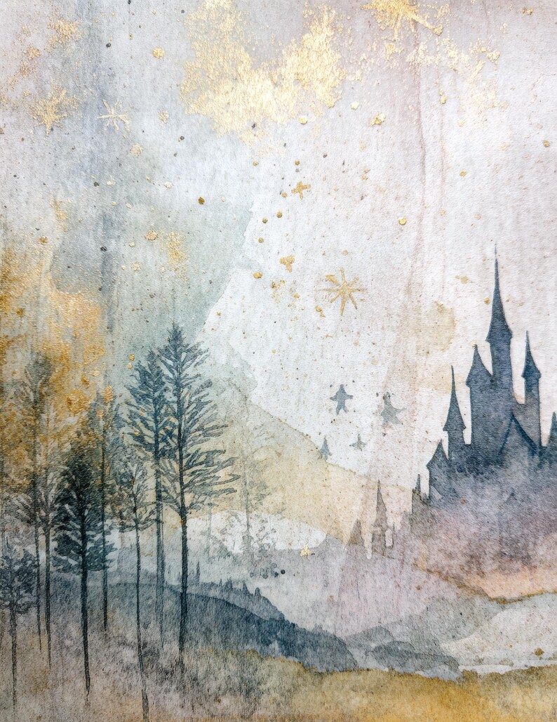 May include: Watercolor painting of a forest scene with a castle silhouette. The artwork features tall, slender trees in the foreground, a castle on the right, and gold accents throughout. The color palette includes blues, grays, and gold.