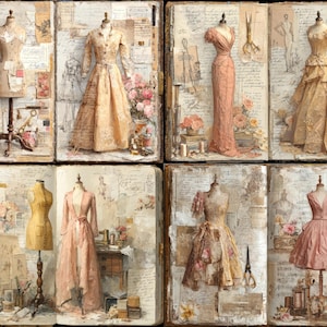 Puede incluir: Un collage de ilustraciones vintage con maniquíes y vestidos en tonos melocotón, dorado y rosa. El fondo presenta papel envejecido, bocetos y herramientas de costura, creando una estética nostálgica y artística. Los vestidos son el foco principal.