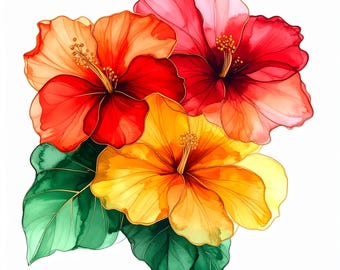 Wandbilder mit tropischen Hibiskusblüten, botanische Blumenillustrationen, druckbare Kunstdrucke, Dekorationsdrucke, digitaler Download
