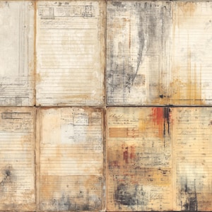 Könnte beinhalten: Eine abstrakte Collage mit gealtertem Papier mit handschriftlichen Notizen, Stempeln und linierten Seiten. Die Farbpalette umfasst Schattierungen von Beige, Braun und Grau, mit Bereichen mit Flecken und Textur. Der Gesamteffekt erinnert an Vintage-Ephemera.