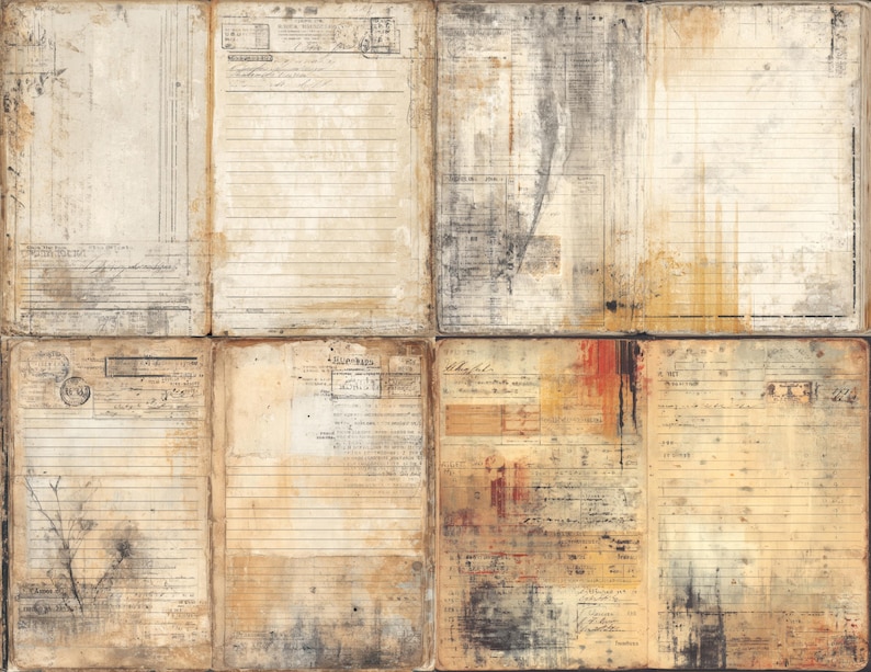 May include: A collage of aged paper with handwritten notes, stamps, and lined pages. The colour palette includes shades of beige, brown, and grey, with areas of staining and texture. The overall effect is reminiscent of vintage ephemera and antique documents.