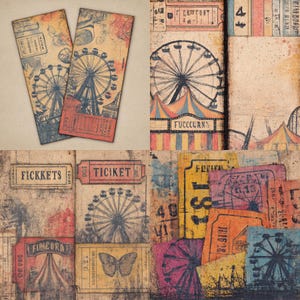 May include: A collage of vintage-style carnival tickets and ephemera. The design features Ferris wheels, circus tents, and faded colors of red, blue, yellow, and brown. Some tickets have text like "FICKKETS" and "TICIKET".