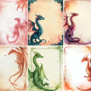 May include: Watercolor illustrations of dragons in various colors, including red, green, and blue, with detailed wings and scales. Each dragon is set against a soft, textured background with decorative borders, creating a fantasy theme.